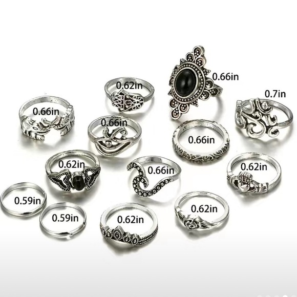 Boho Vintage Black Gemstone Geometric Ring Set 13pc - Picture 6 of 6